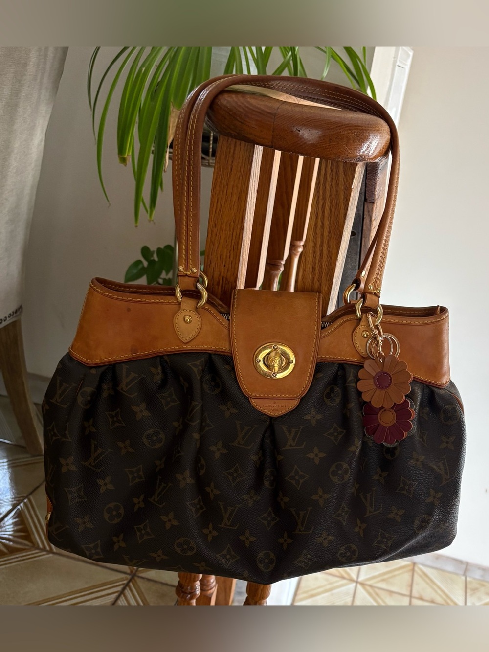 Authentic Luxury Brown Monogram Tote with Tan Leather Trim